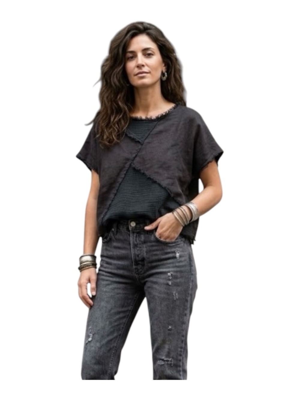 Boho 100% Linen Top One Size Black Mixed Media Asymmetrical Raw Grunge Italy